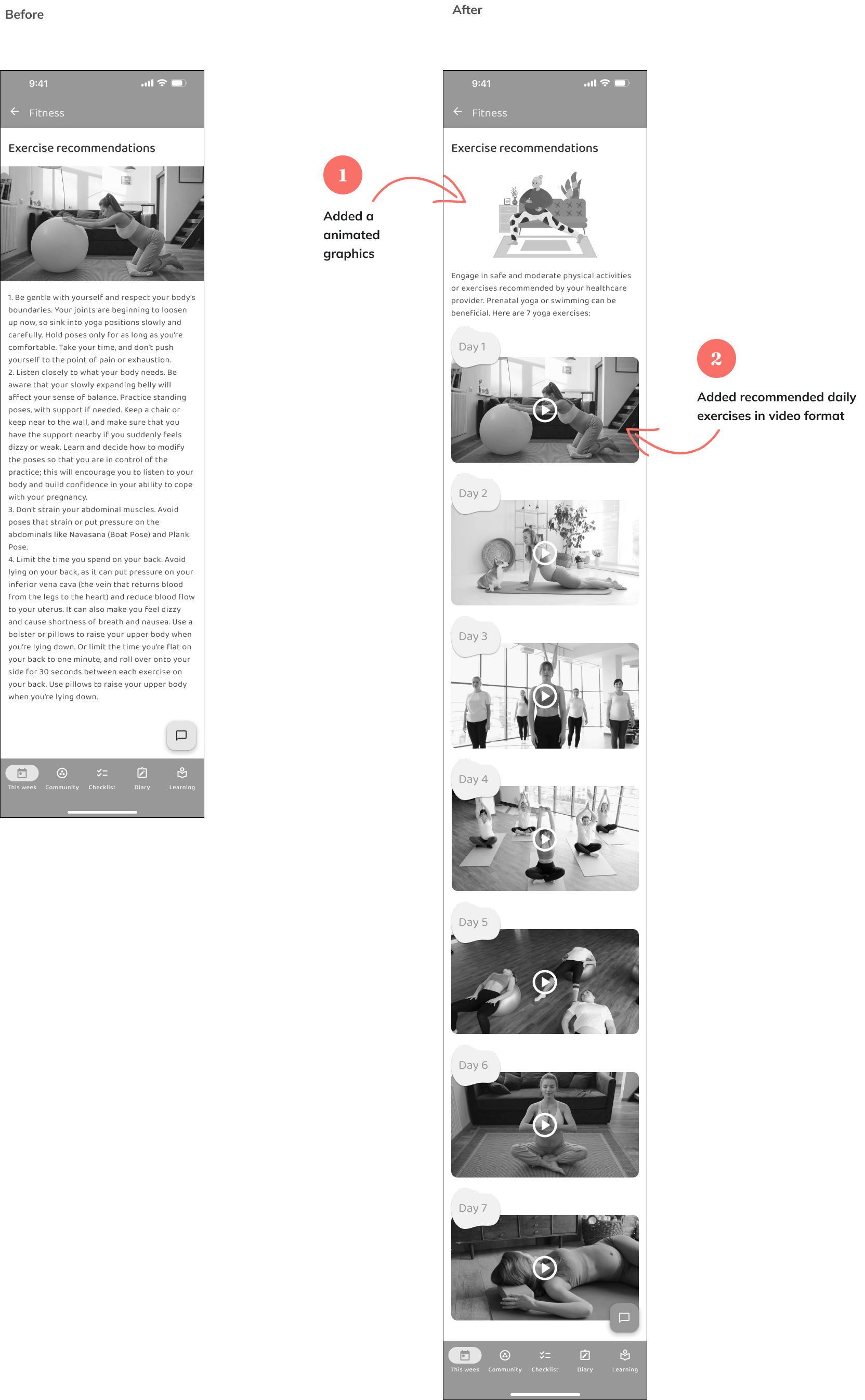 Before and after — fitness tracking section
